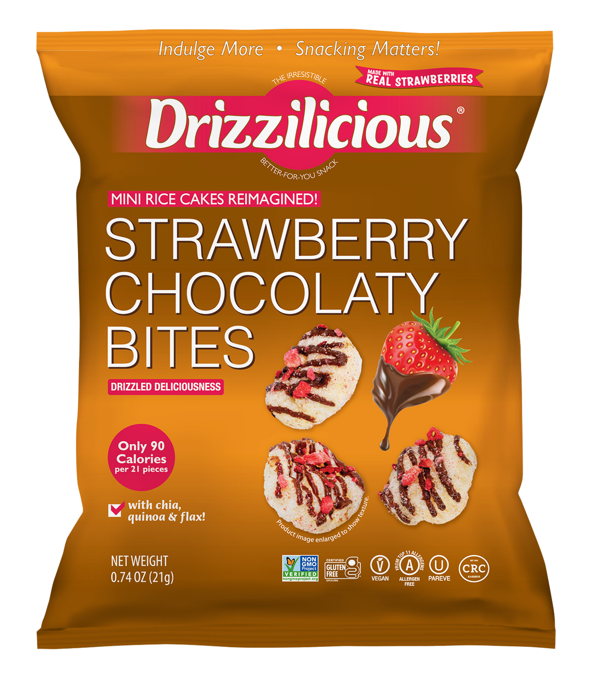 Drizzilicious Strawberry Chocolaty Bites 21g, a low-calorie snack perfect for lunchboxes.
