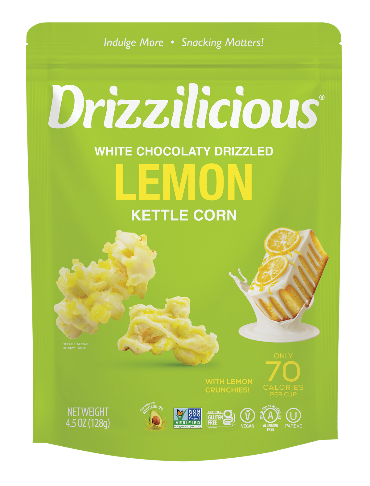 Drizzilicious Lemon Drizzled Popcorn, 128g - gluten-free, kettle-cooked and non-GMO.