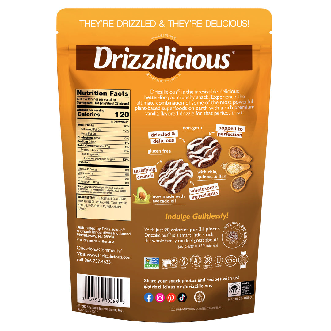 Close-up of Drizzilicious Cookies & Cream Mini Rice Cakes, showing the drizzled coating and light, crispy texture.