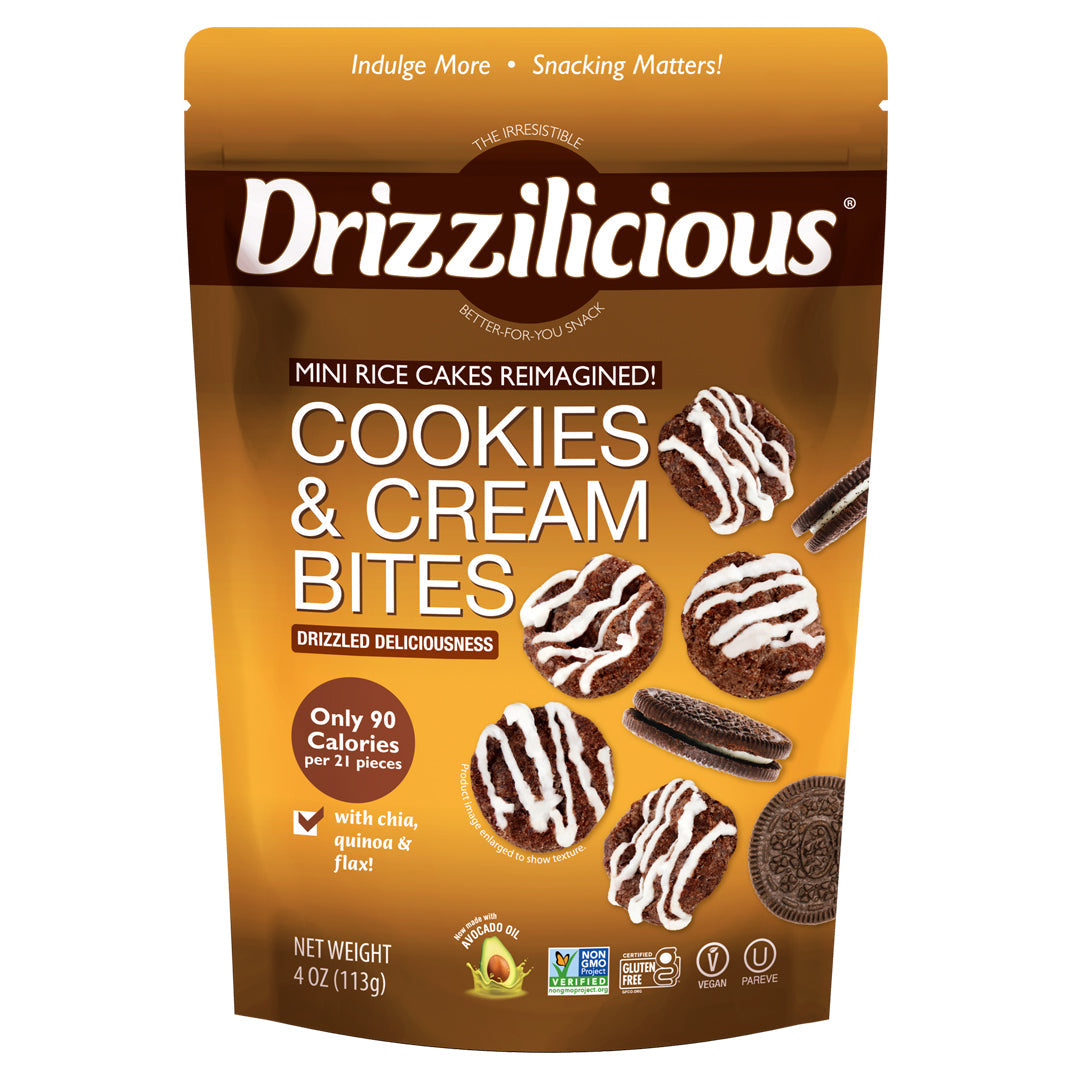 Drizzilicious Mini Rice Cakes, Cookies & Cream flavour, 113g - gluten-free, dairy-free and Kosher.