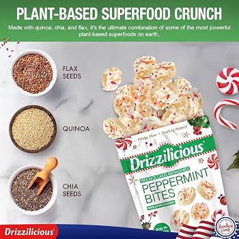 Drizzilicious Mini Rice Cakes, Peppermint flavour, 113g bag of drizzled rice cakes.