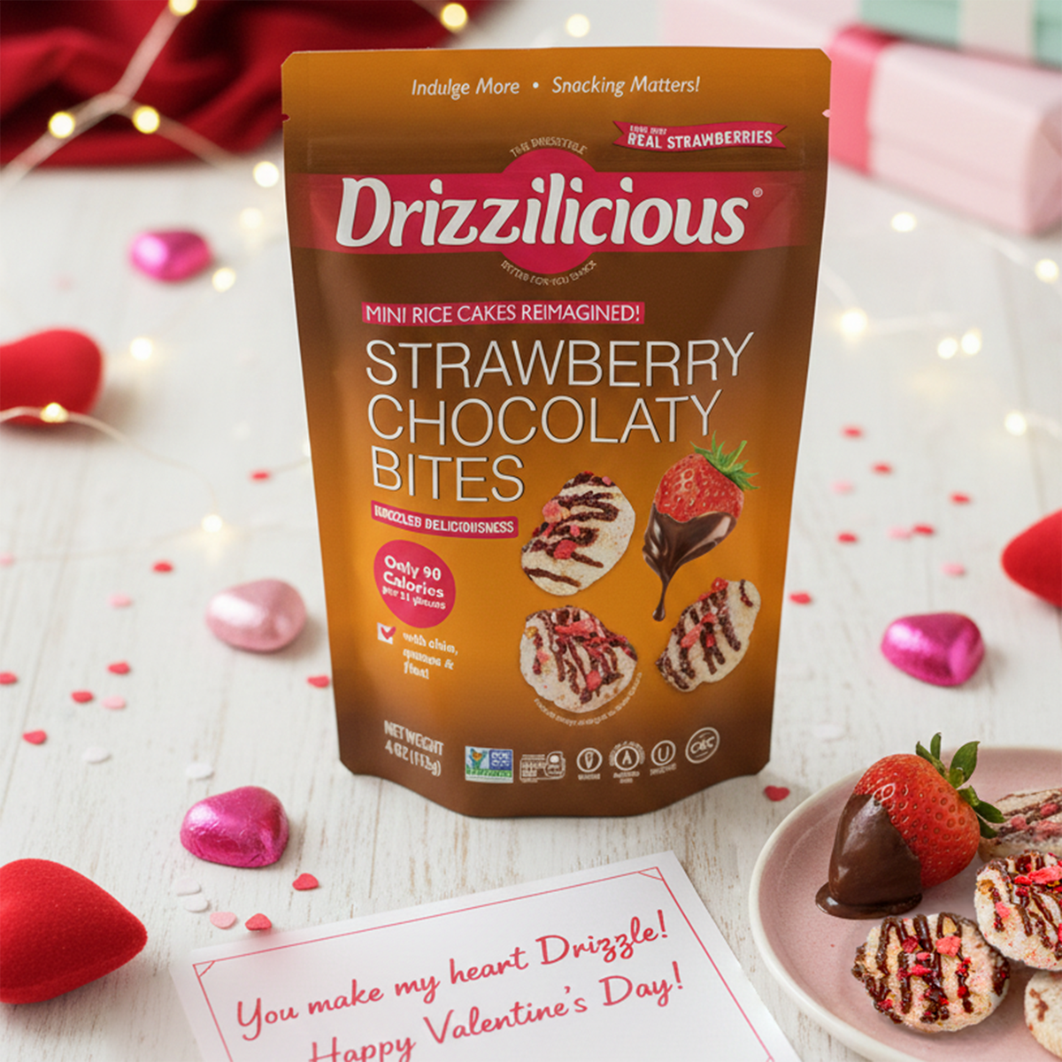 Drizzilicious Strawberry Chocolaty Mini Rice Cakes 113g, part of the Drizzilicious drizzled rice cake range.