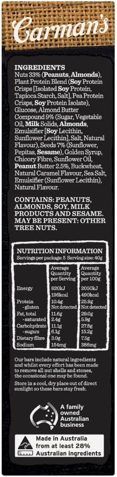 Carmans Salted Caramel Nut Butter Protein Bar 5 pack Dairy 6 x 200g