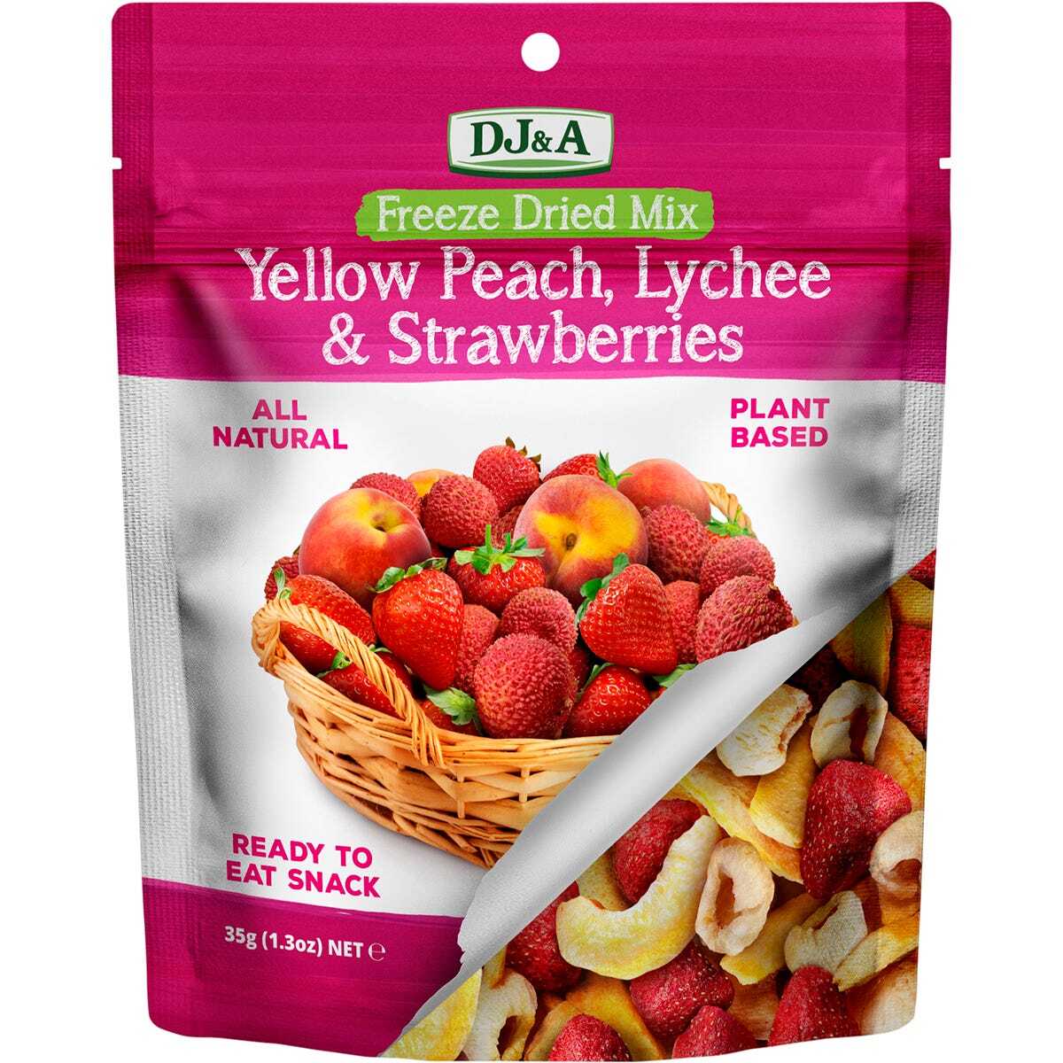 DJ & A Freeze Dried Peach, Lychee & Strawberry, 35g pack.