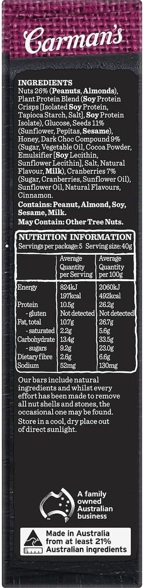 Carmans Dark Choc Cranberry Protein Bar 5 pack Dairy 6 x 200g
