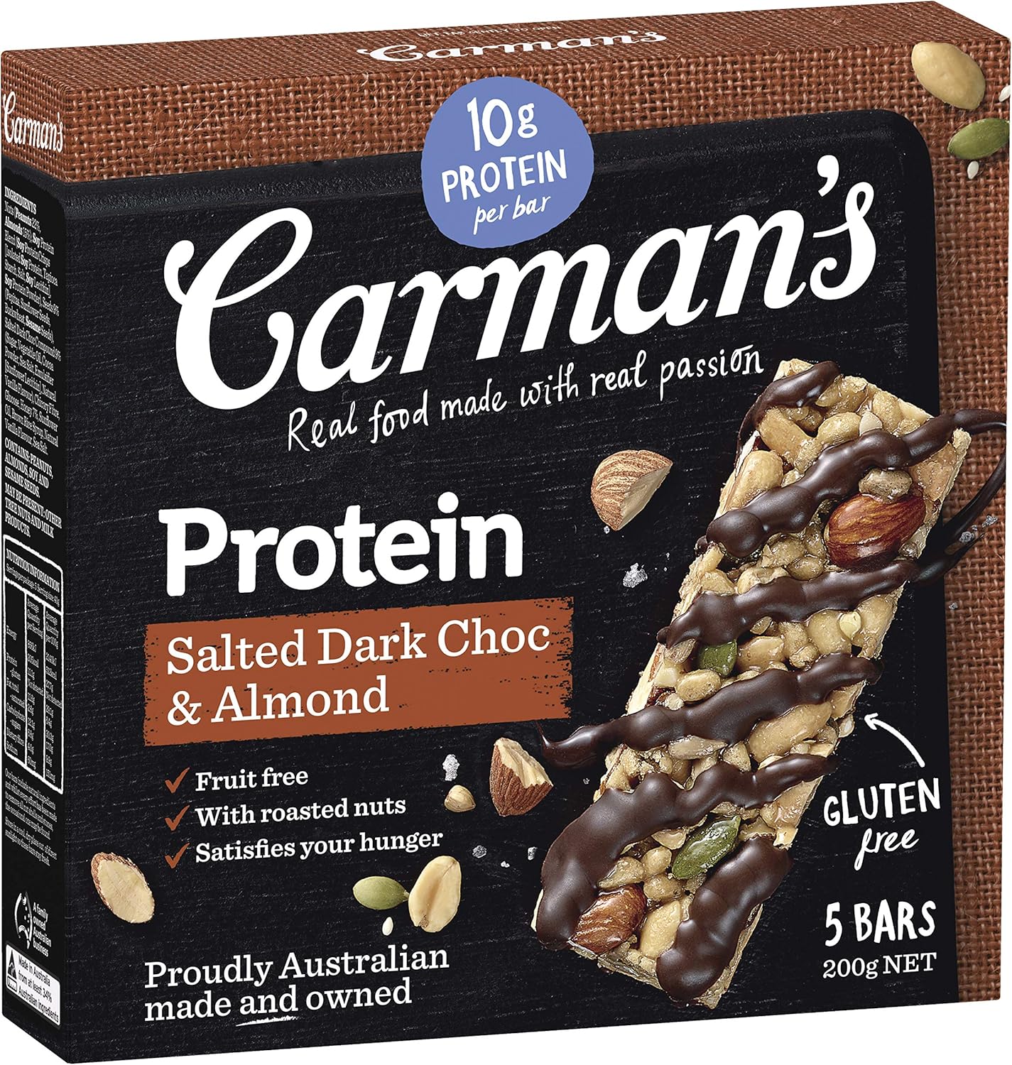 Carmans Salted Dark Choc Almond Protein Bar 5 pack Dairy 6 x 200g
