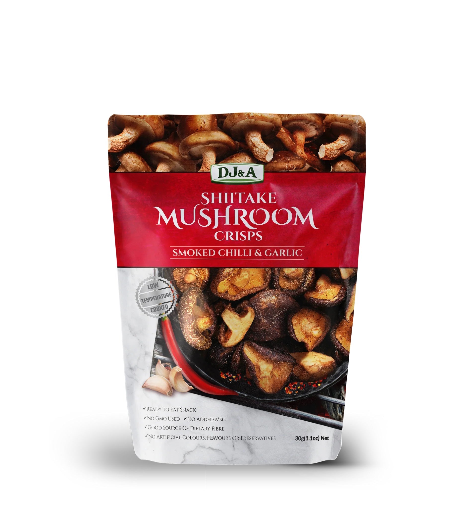 DJ&A shiitake mushroom crisps smoked chilli garlic 30g vegan snack