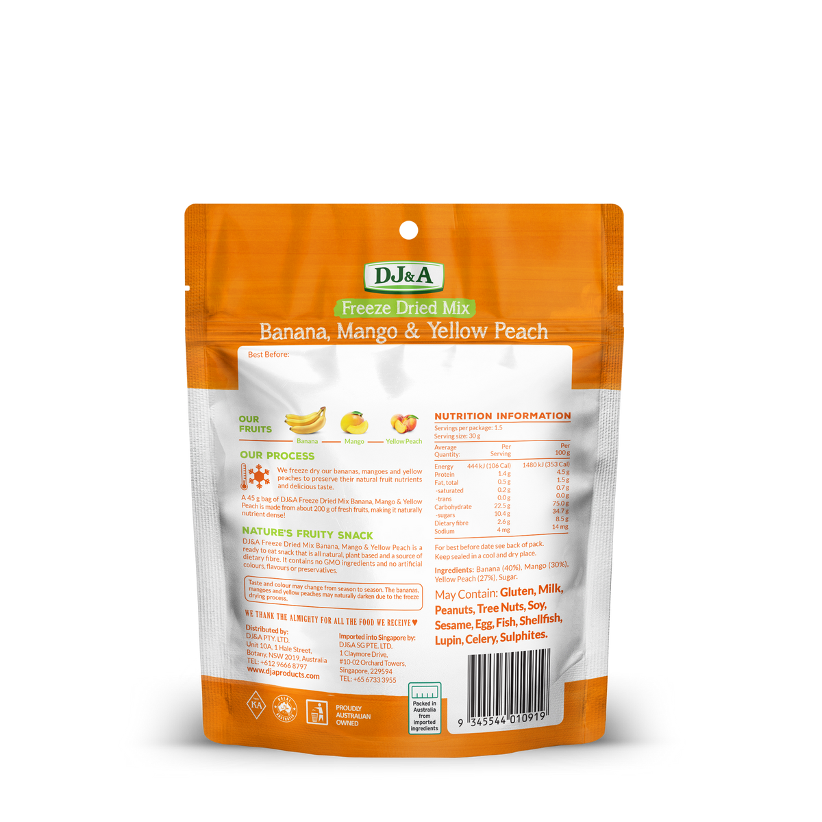 Back of DJ & A Freeze Dried Banana, Mango & Peach pack showing nutritional information.