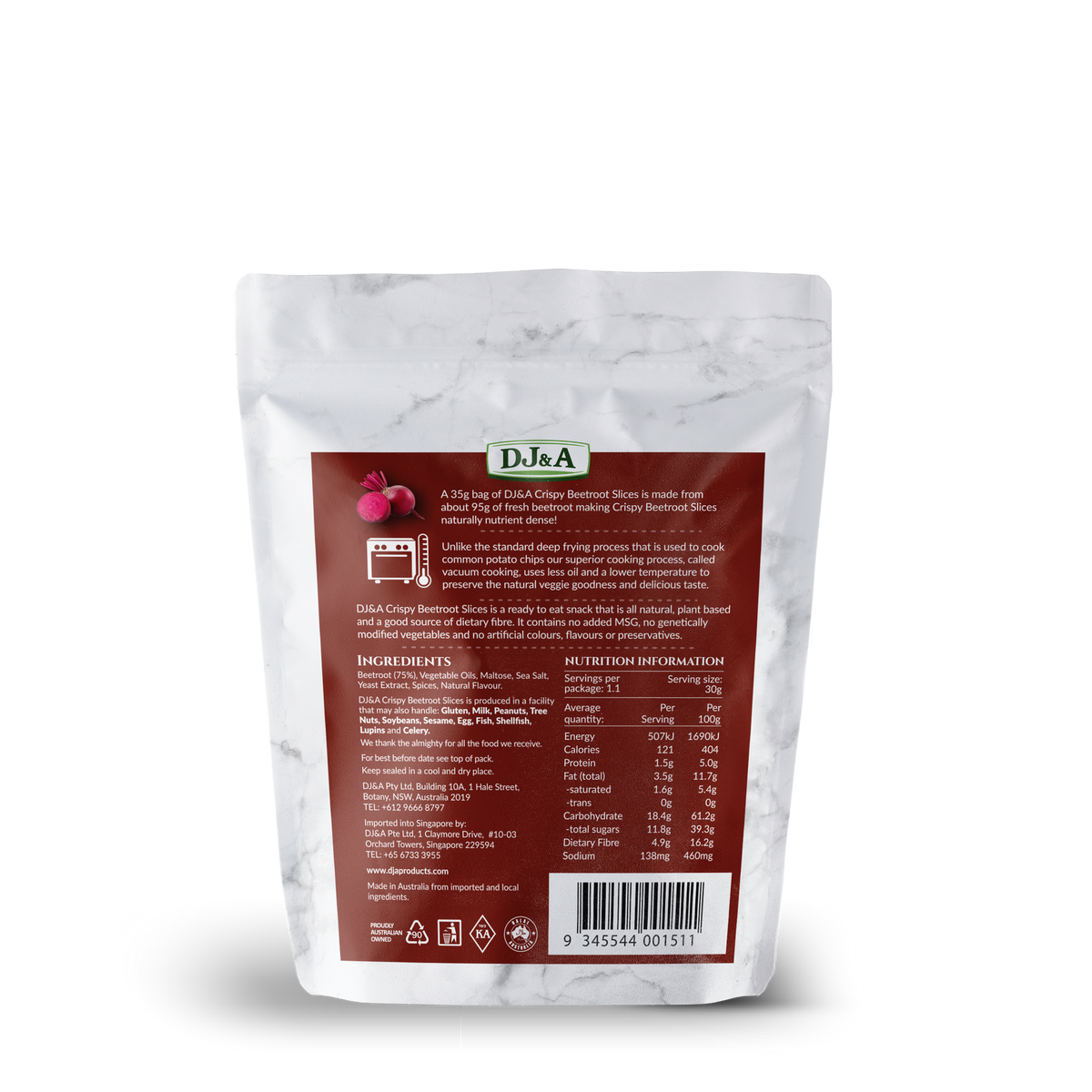 Back of DJ & A Crispy Beetroot Slices pack showing nutritional information.
