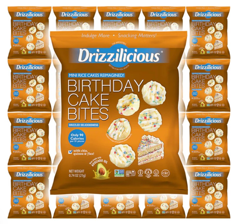 Drizzilicious Birthday Cake Bites 21g, a low-calorie snack perfect for lunchboxes.