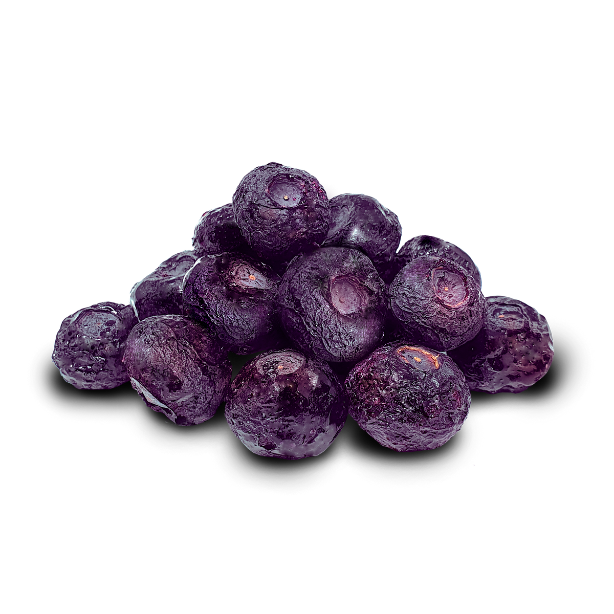 Close-up of DJ & A Freeze Dried Blueberries, showing their deep purple colour and airy texture.