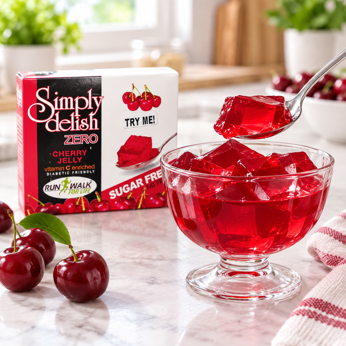 Simply Delish Cherry Jelly Dessert, Halal and Kosher certified.