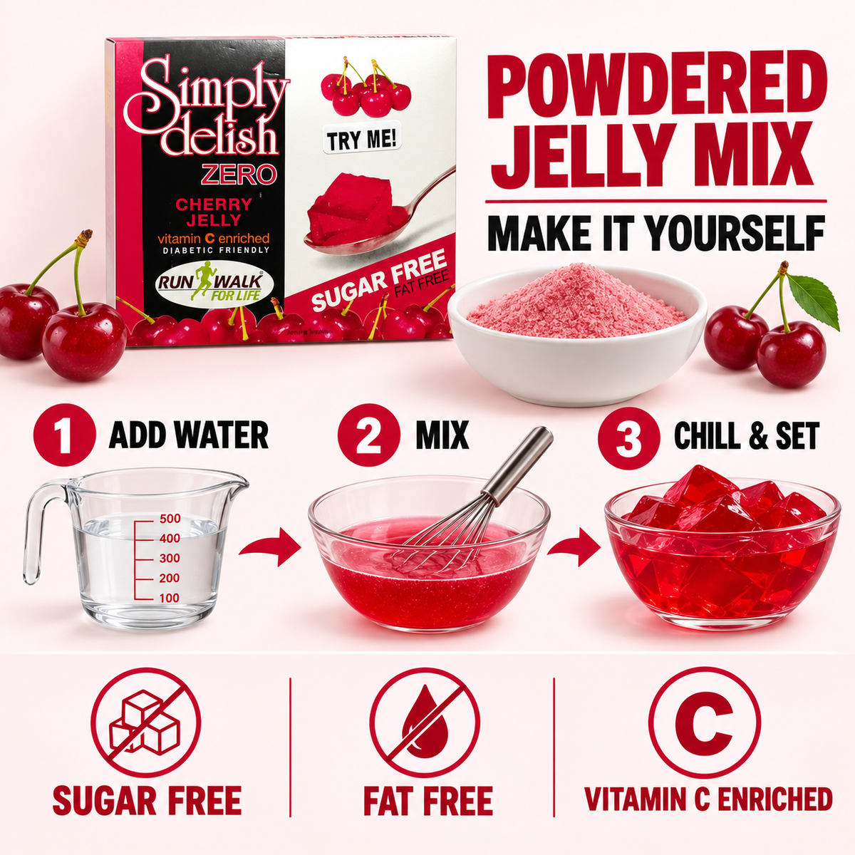A prepared bowl of Simply Delish Cherry Jelly Dessert, ready without refrigeration.