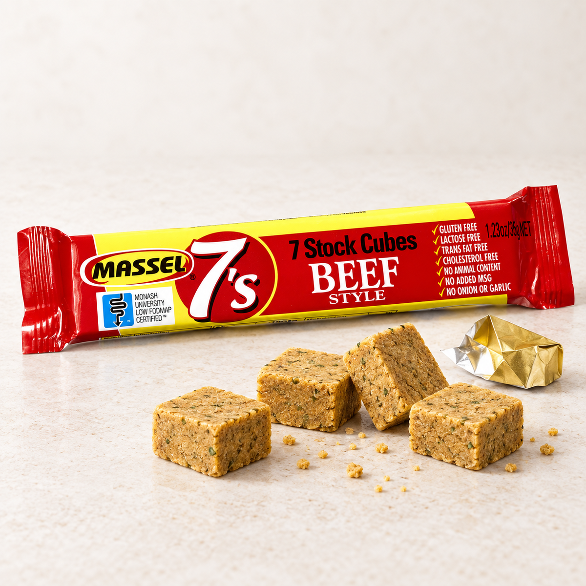 Massel 7's Cubes Beef Style, 35g pack, gluten-free, vegan, plant-based.