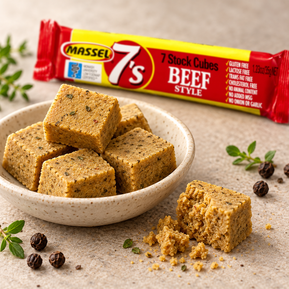 Massel 7's Cubes Beef Style, 35g pack, gluten-free, vegan, plant-based.