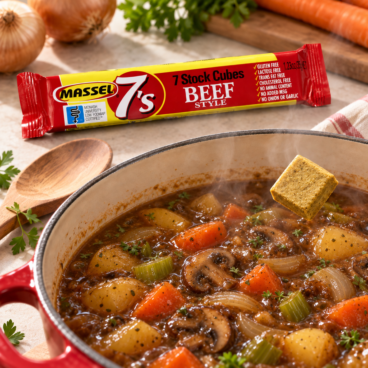Massel 7's Cubes Beef Style, 35g pack, gluten-free, vegan, plant-based.