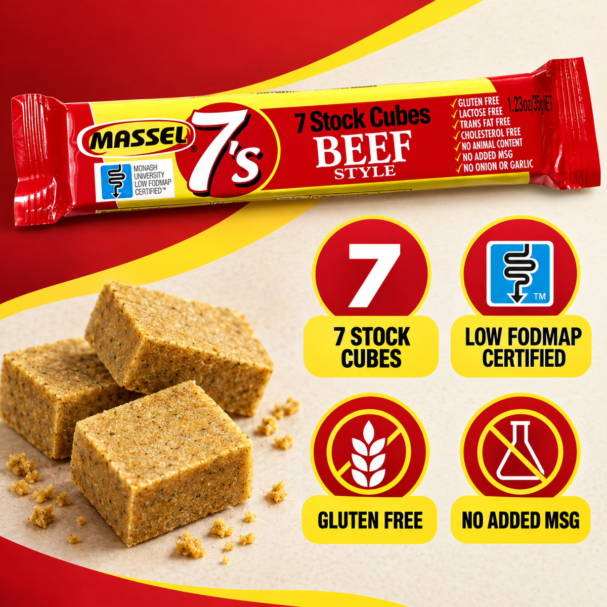 Massel 7's Cubes Beef Style, 35g pack, gluten-free, vegan, plant-based.