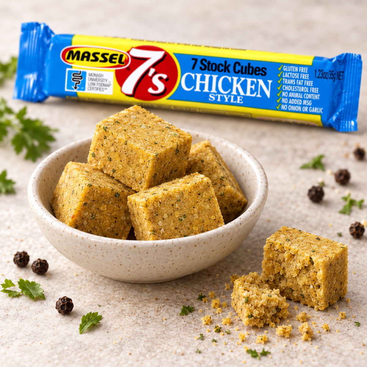 Massel 7's Cubes Chicken Style, 35g pack, gluten-free, vegan, plant-based.