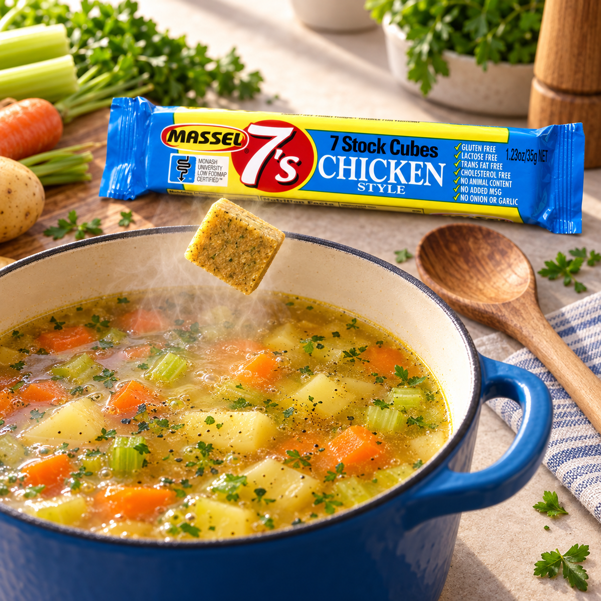 Massel 7's Cubes Chicken Style, 35g pack, gluten-free, vegan, plant-based.