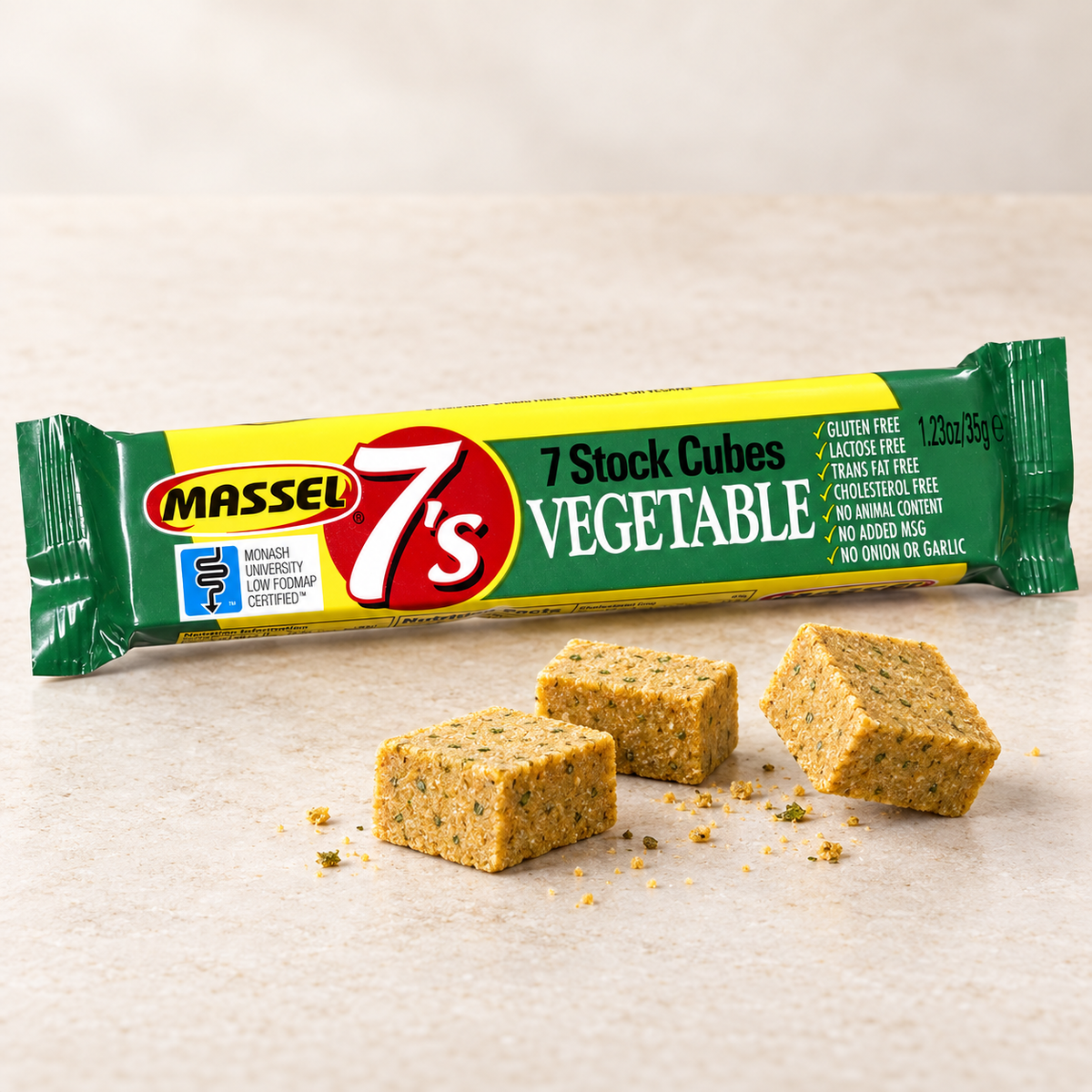 Massel 7's Cubes Vegetable, 35g pack, gluten-free, vegan, plant-based.