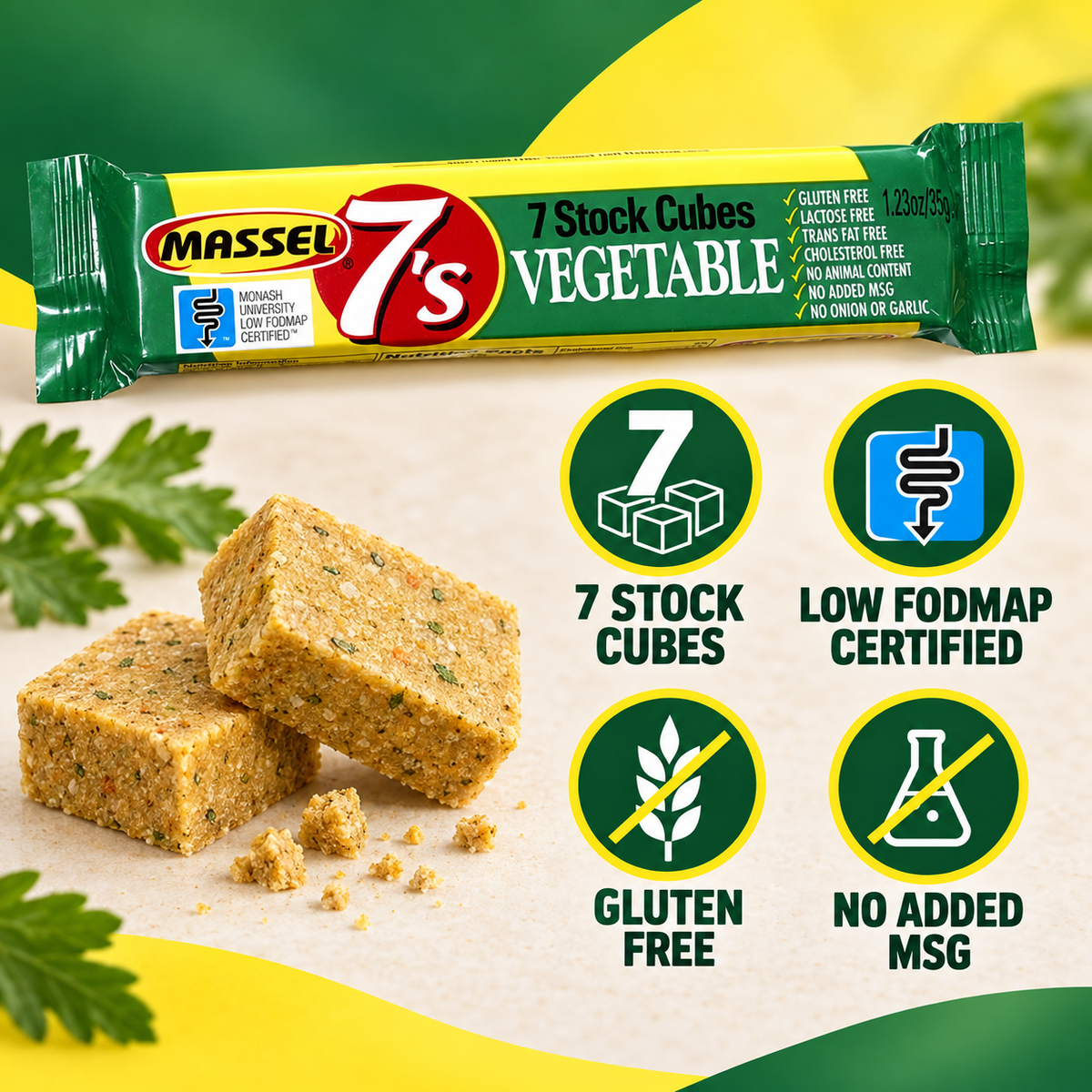Massel 7's Cubes Vegetable, 35g pack, gluten-free, vegan, plant-based.