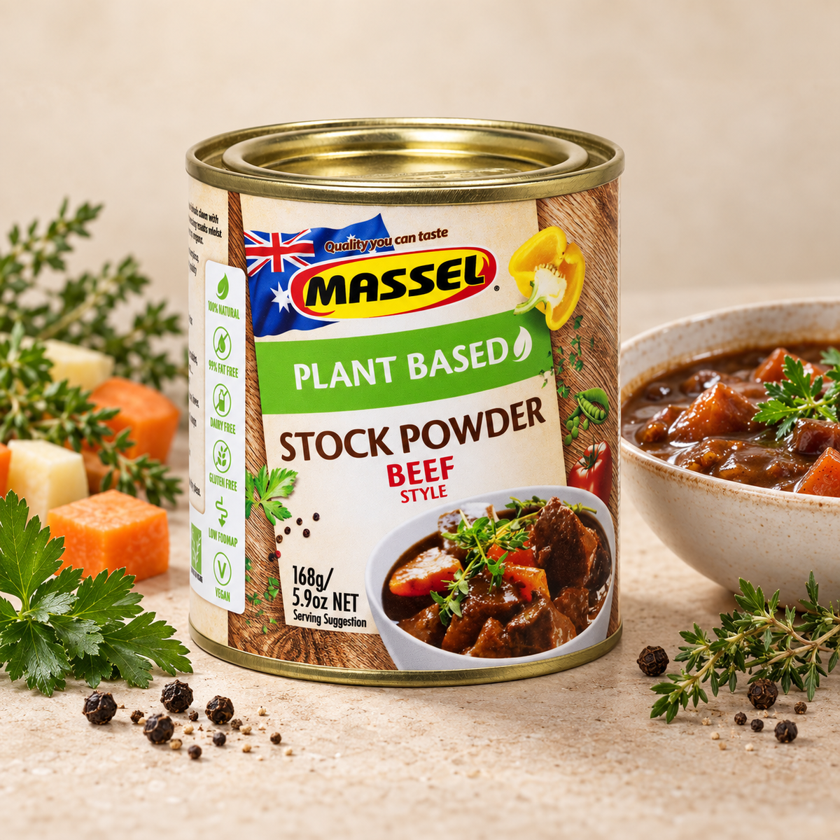 Massel Powder Tub Beef tub on a kitchen counter.