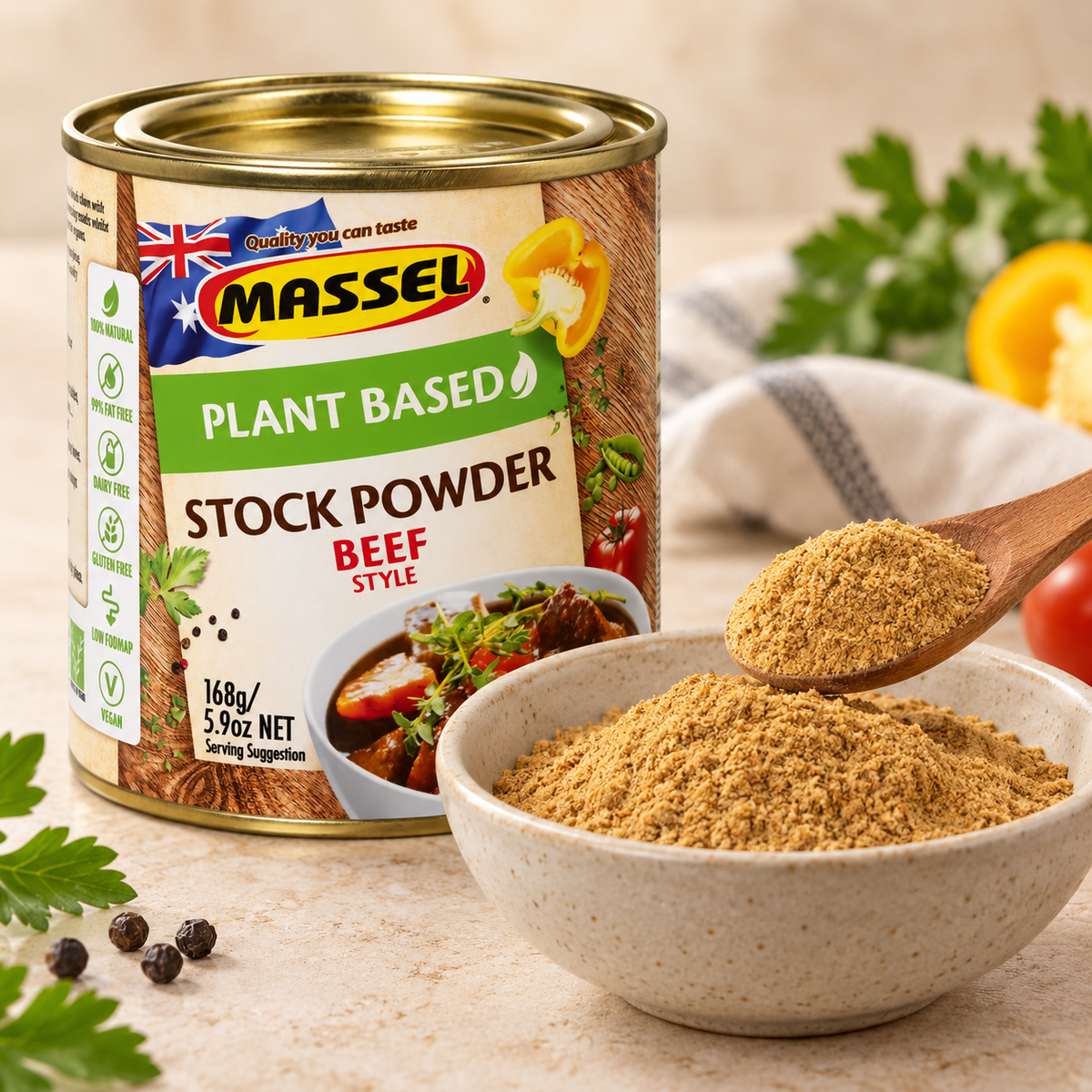 Massel Powder Tub Beef being stirred into a dish.