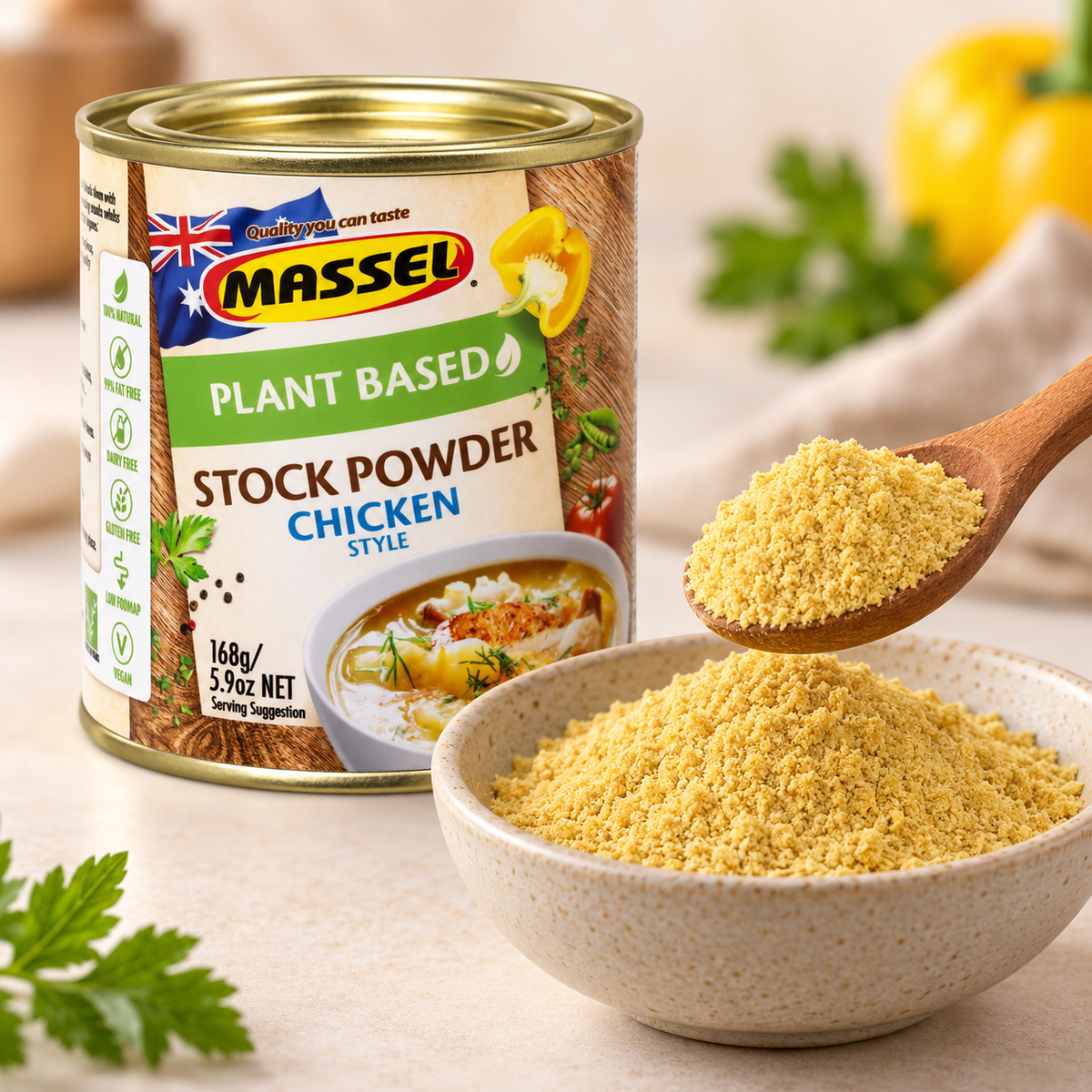 Massel Powder Tub Chicken being stirred into a dish.