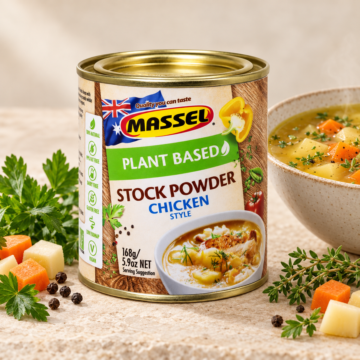 Massel Powder Tub Chicken tub on a kitchen counter.