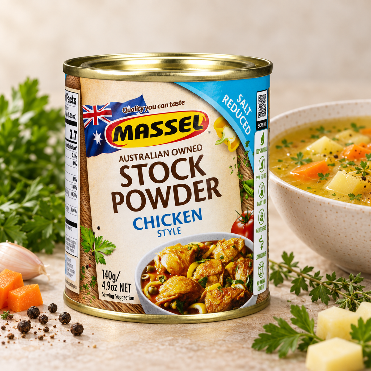 Massel Powder Tub Salt Reduced Chicken tub on a kitchen counter.