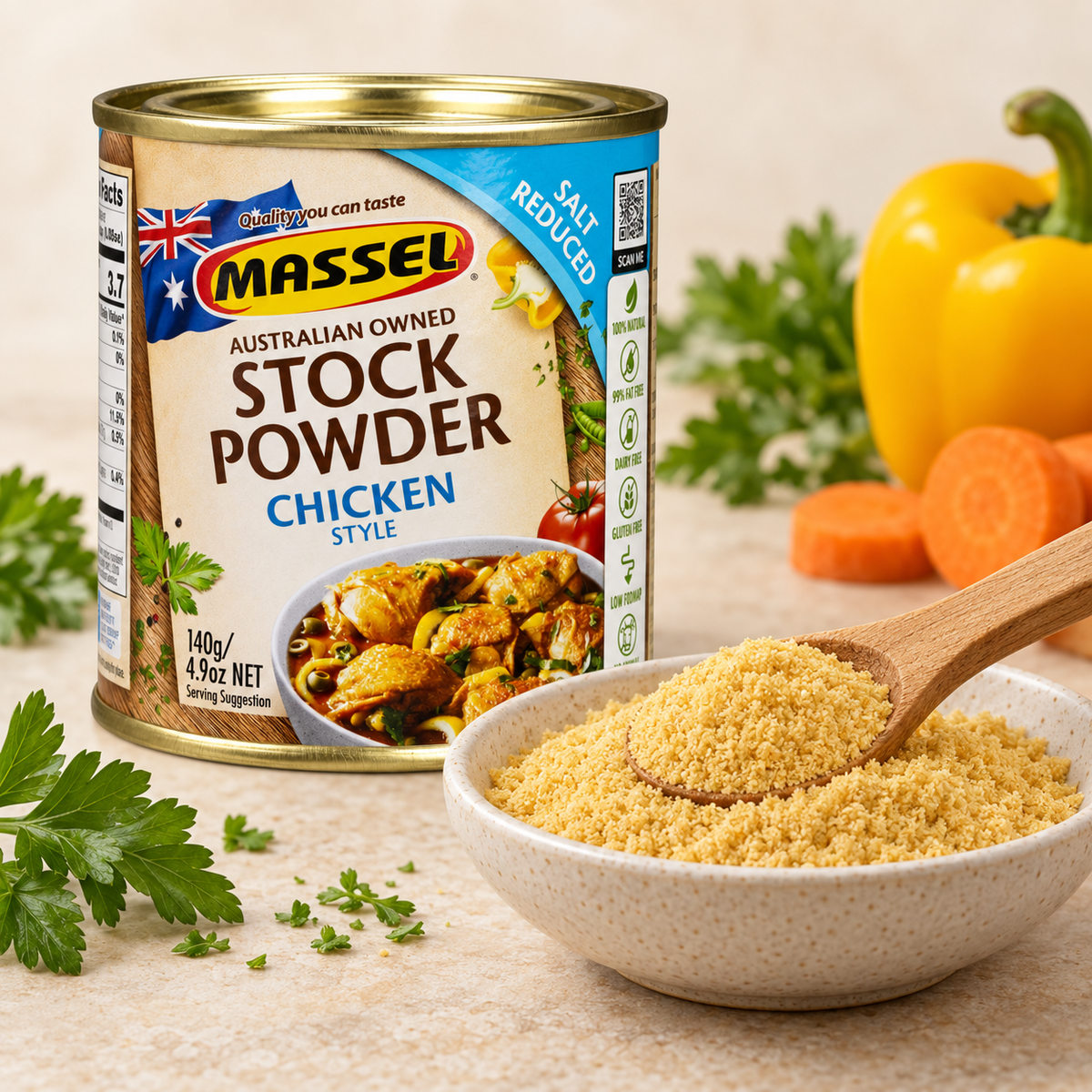 Massel Powder Tub Salt Reduced Chicken being stirred into a dish.