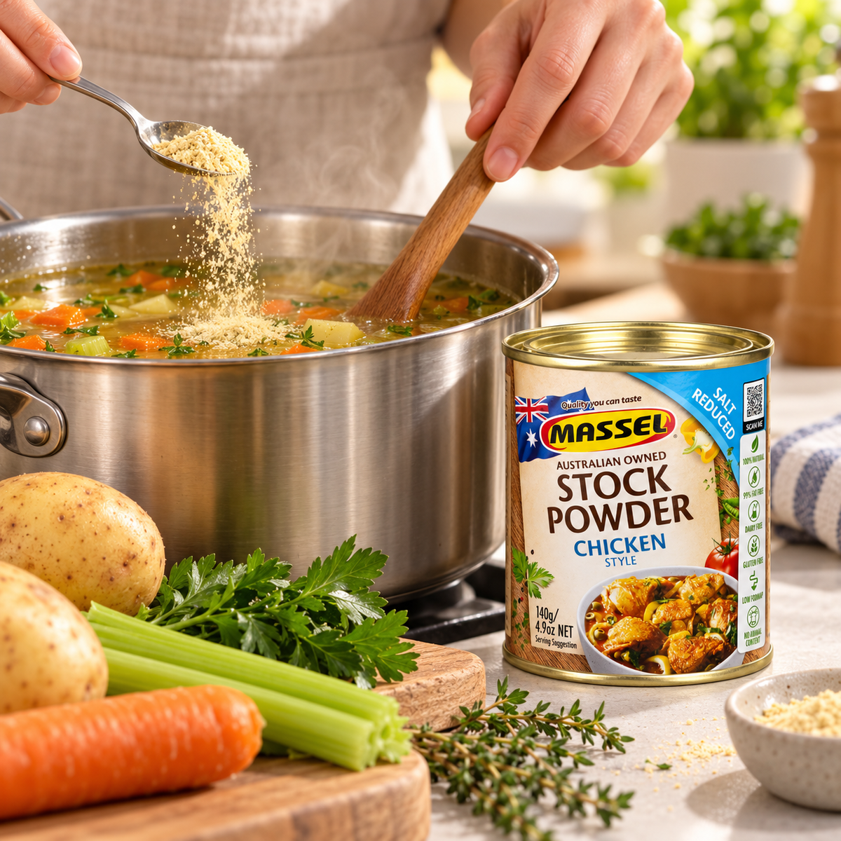Close-up of Massel Powder Tub Salt Reduced Chicken tub packaging.