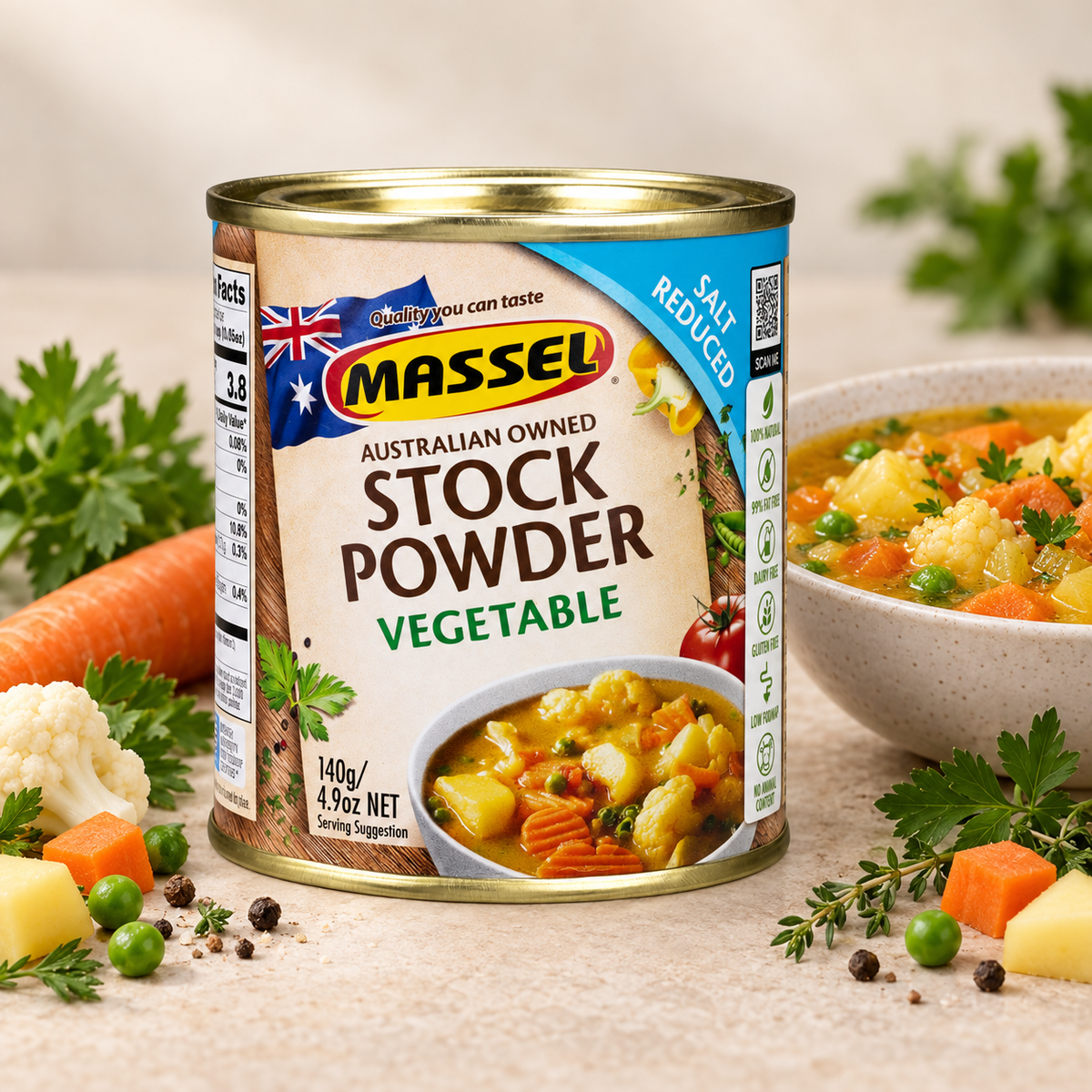 Massel Powder Tub Salt Reduced Vegetable tub on a kitchen counter.