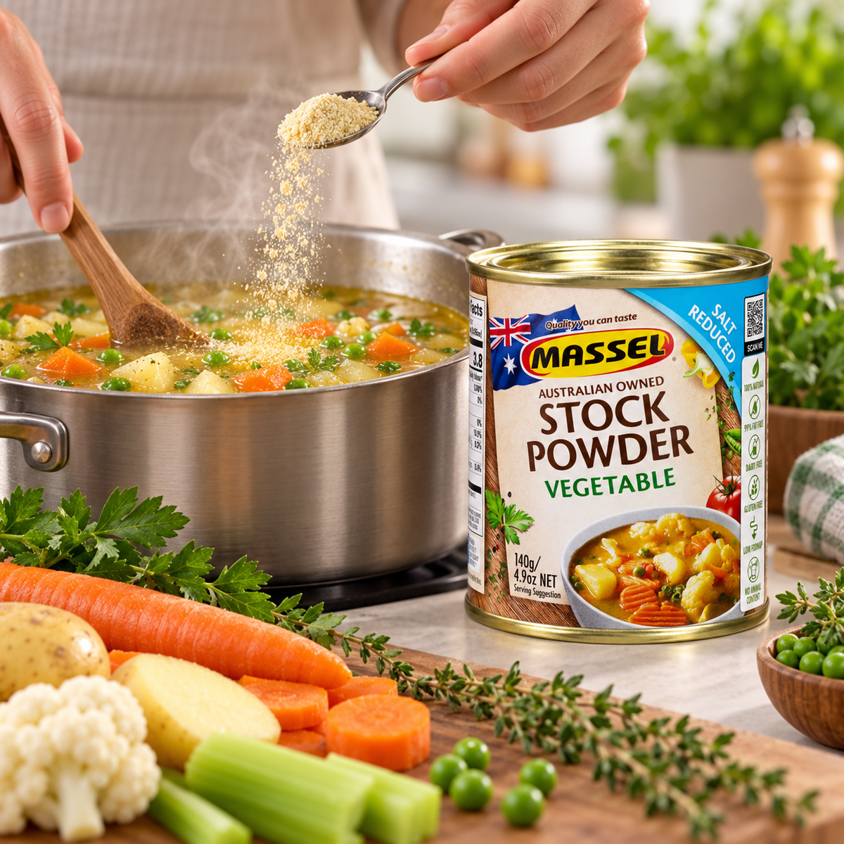 Close-up of Massel Powder Tub Salt Reduced Vegetable tub packaging.