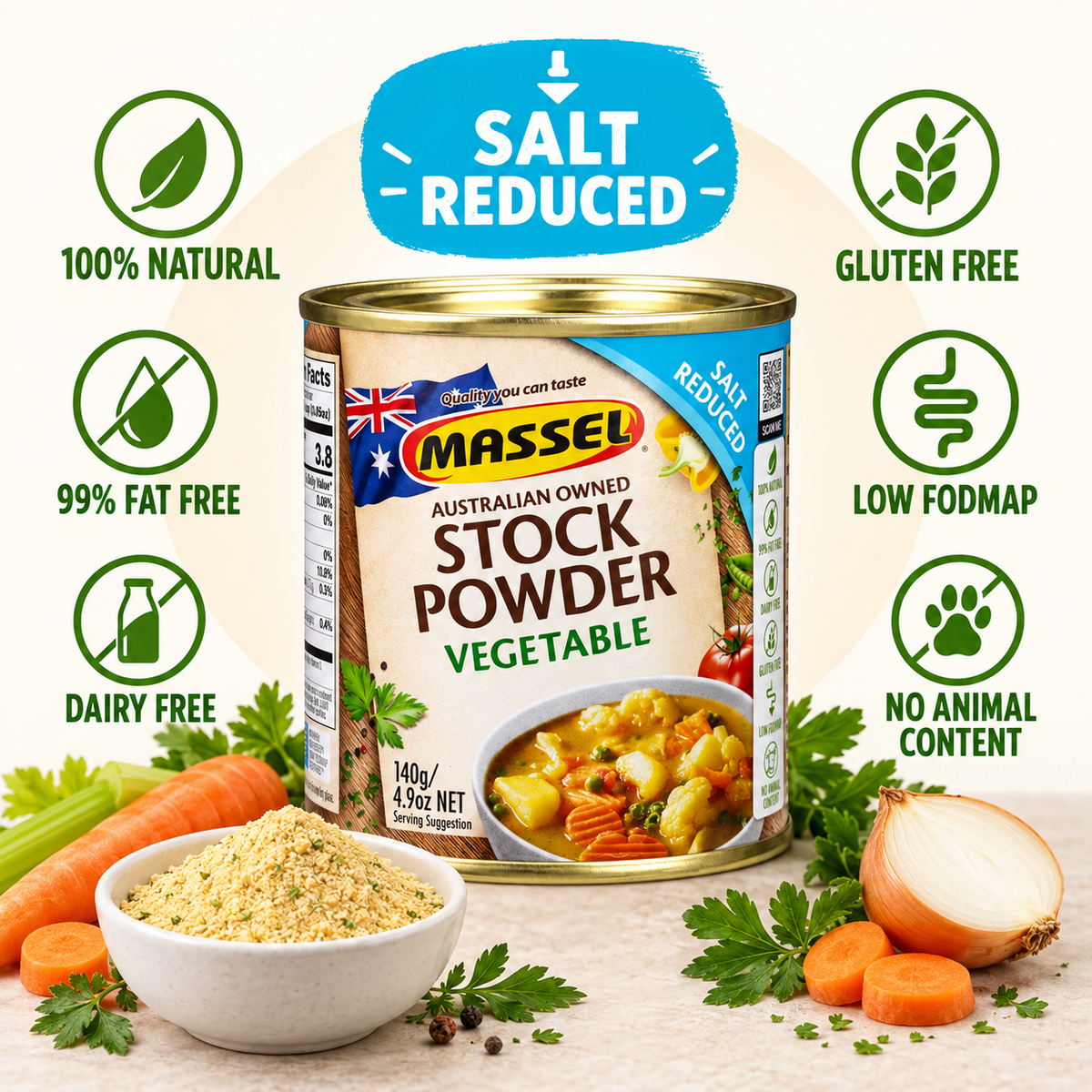 Massel Powder Tub Salt Reduced Vegetable used in a finished soup dish.