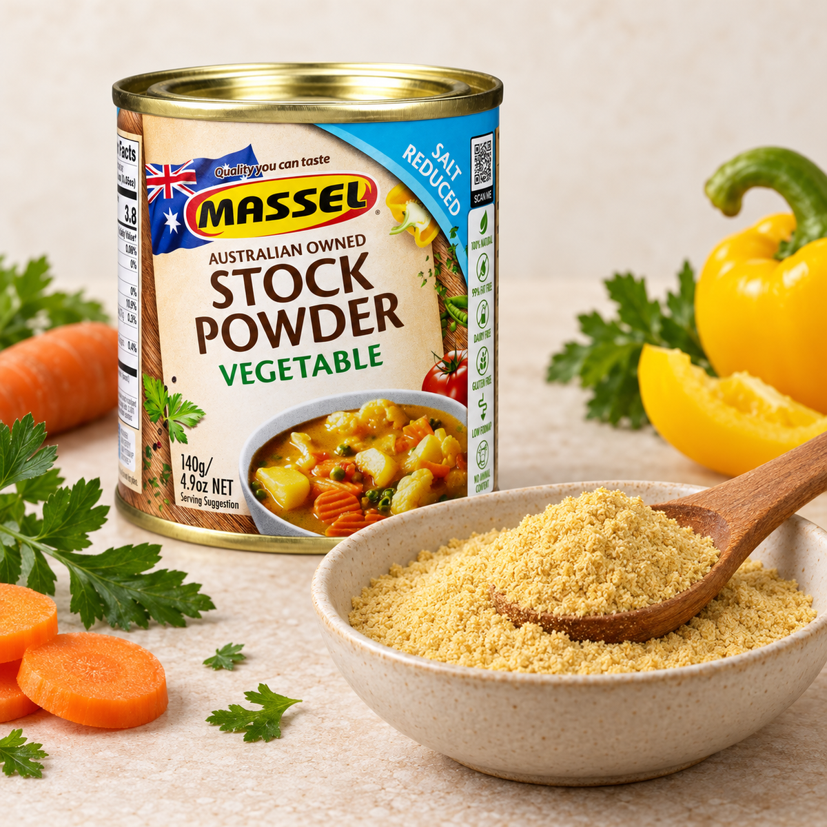 Massel Powder Tub Salt Reduced Vegetable being stirred into a dish.