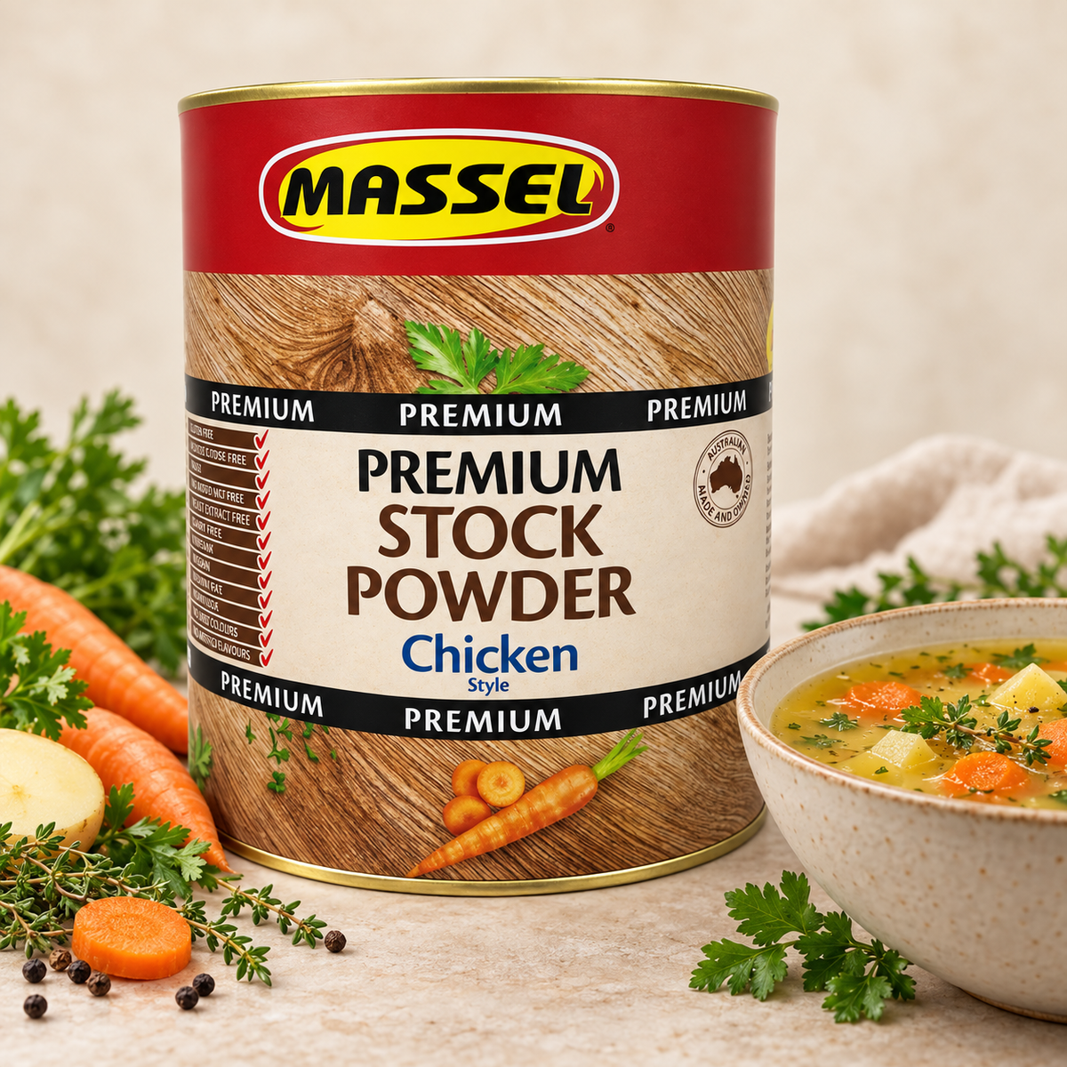 Massel BULK Advantage Premium Chicken Stock Powder tub on a kitchen counter.