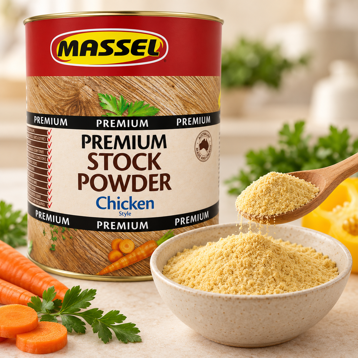 Massel BULK Advantage Premium Chicken Stock Powder being spooned into a pot.