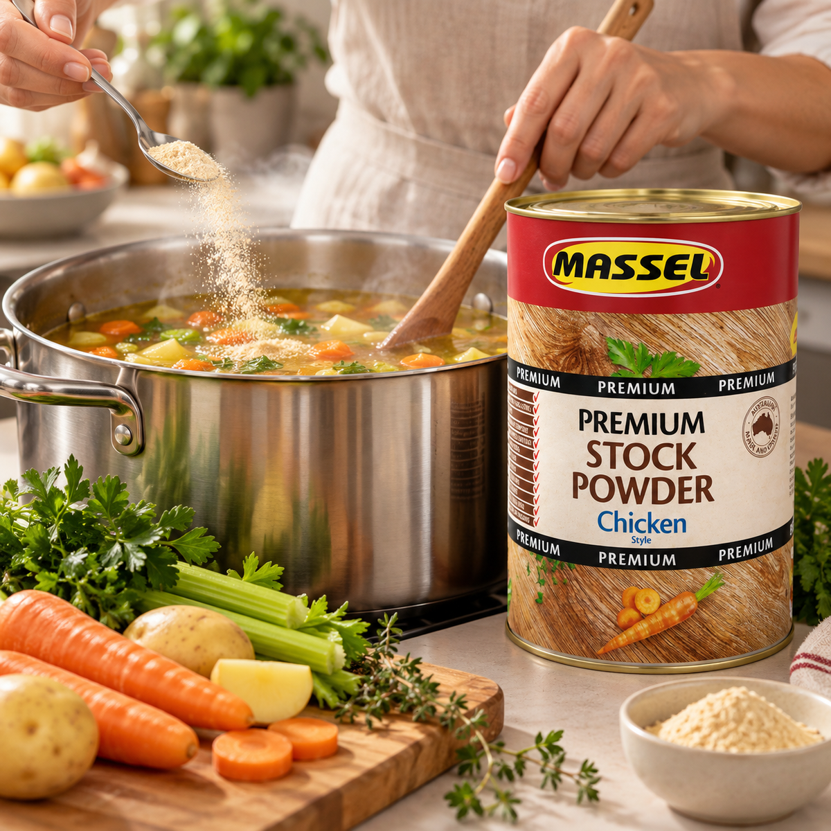 Close-up of Massel BULK Advantage Premium Chicken Stock Powder tub packaging.