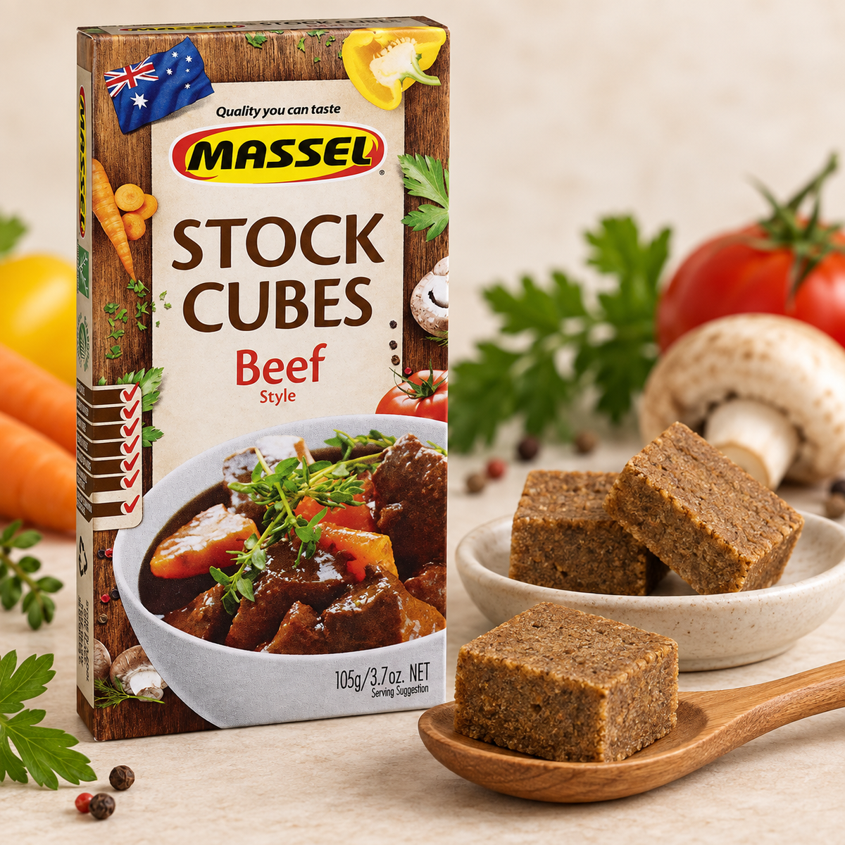 Massel Ultracube Beef Stock Cubes box on a kitchen counter.