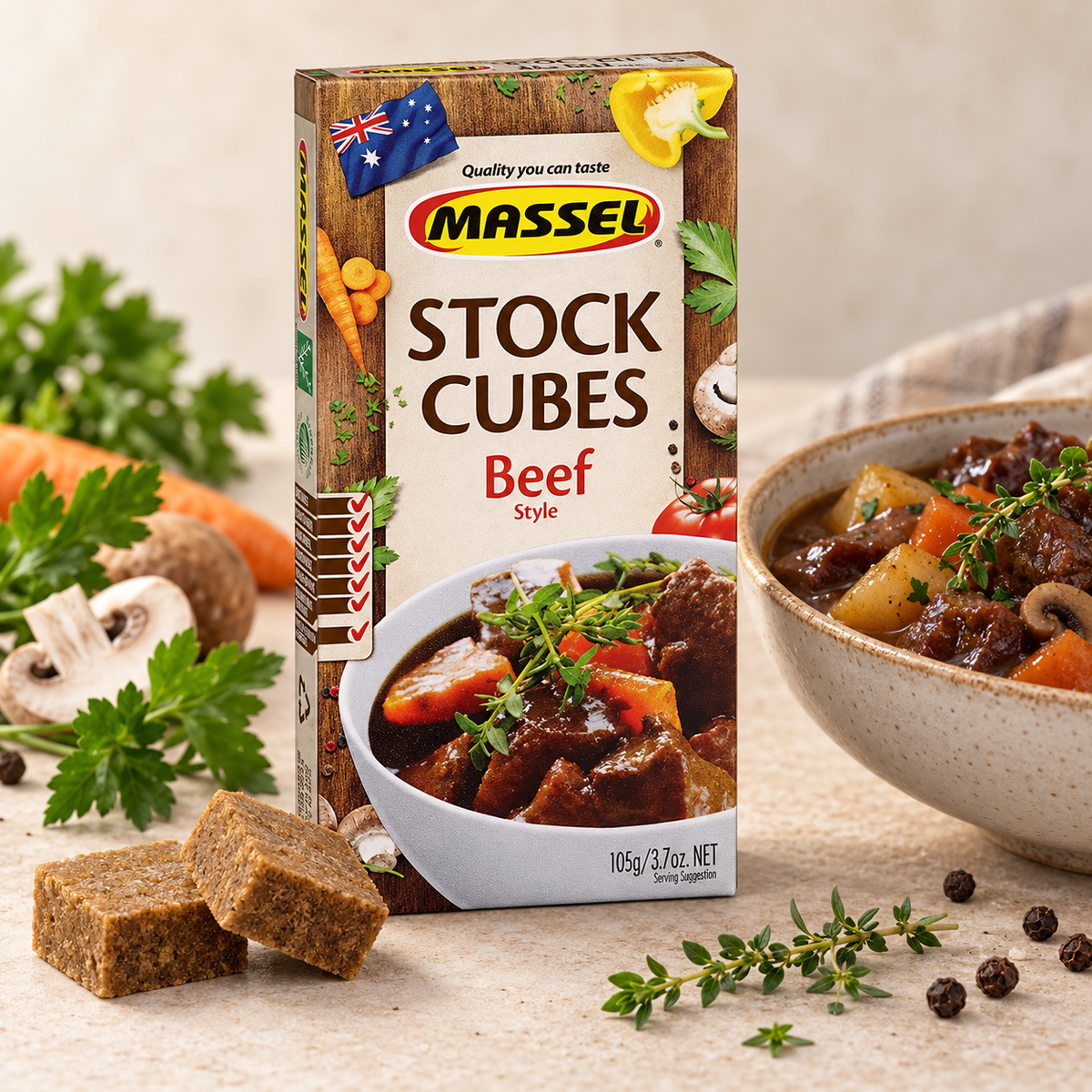 A Massel Ultracube Beef Stock Cube being dissolved in a pan.