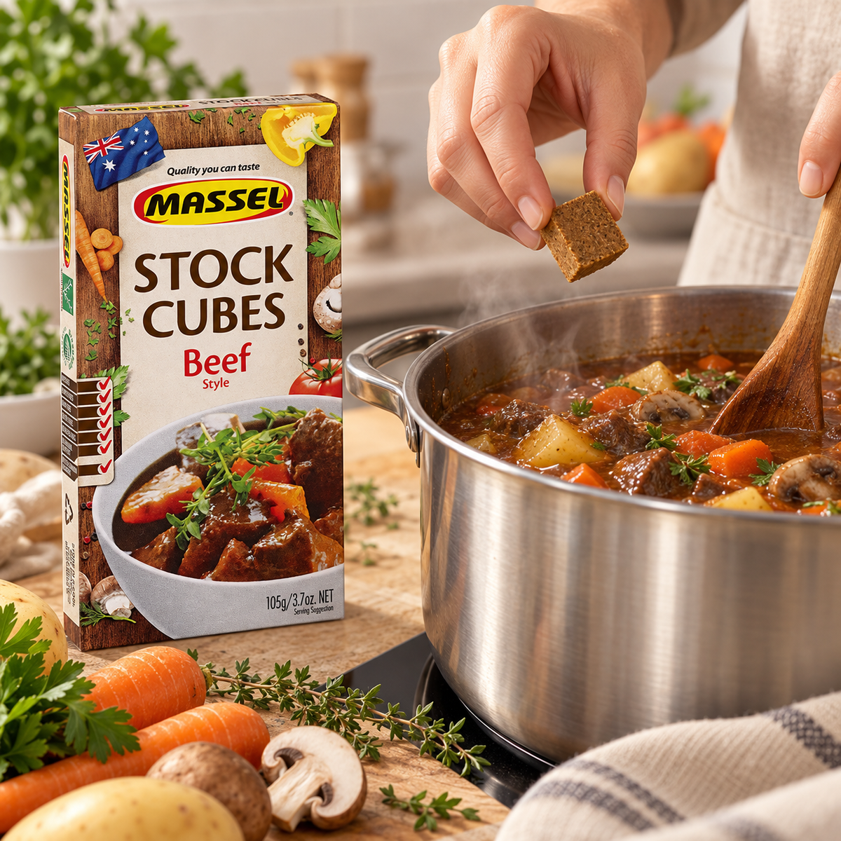 Close-up of Massel Ultracube Beef Stock Cubes box packaging.
