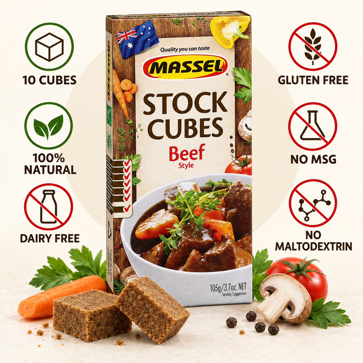 Massel Ultracube Beef Stock Cubes used in a finished soup dish.
