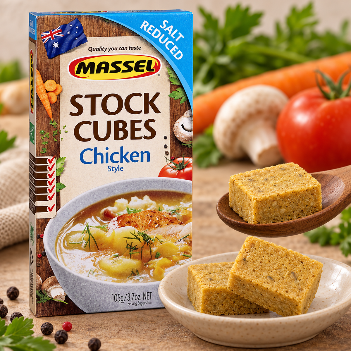 A Massel Ultracube Salt Reduced Chicken Stock Cube being dissolved in a pan.
