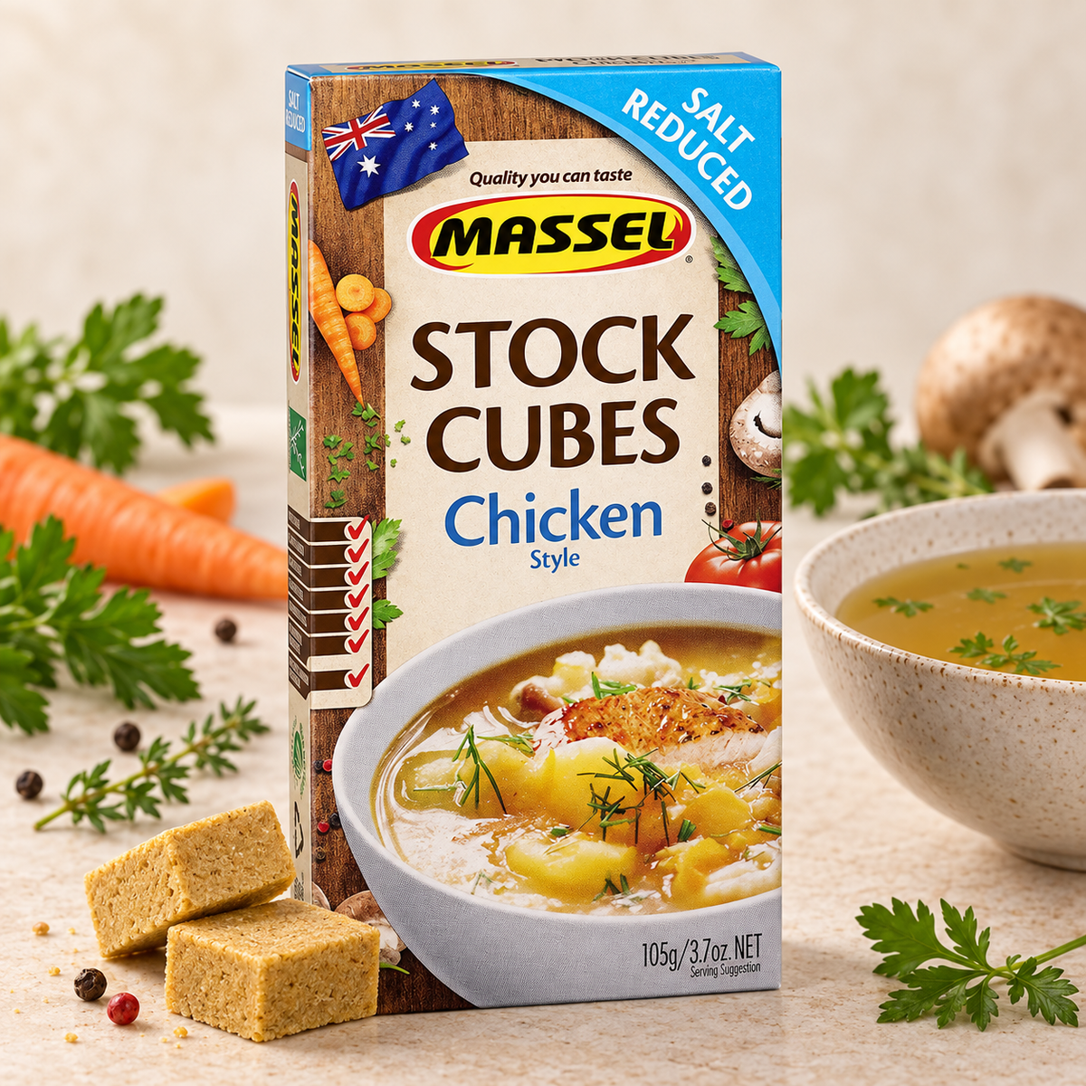 Massel Ultracube Salt Reduced Chicken Stock Cubes box on a kitchen counter.