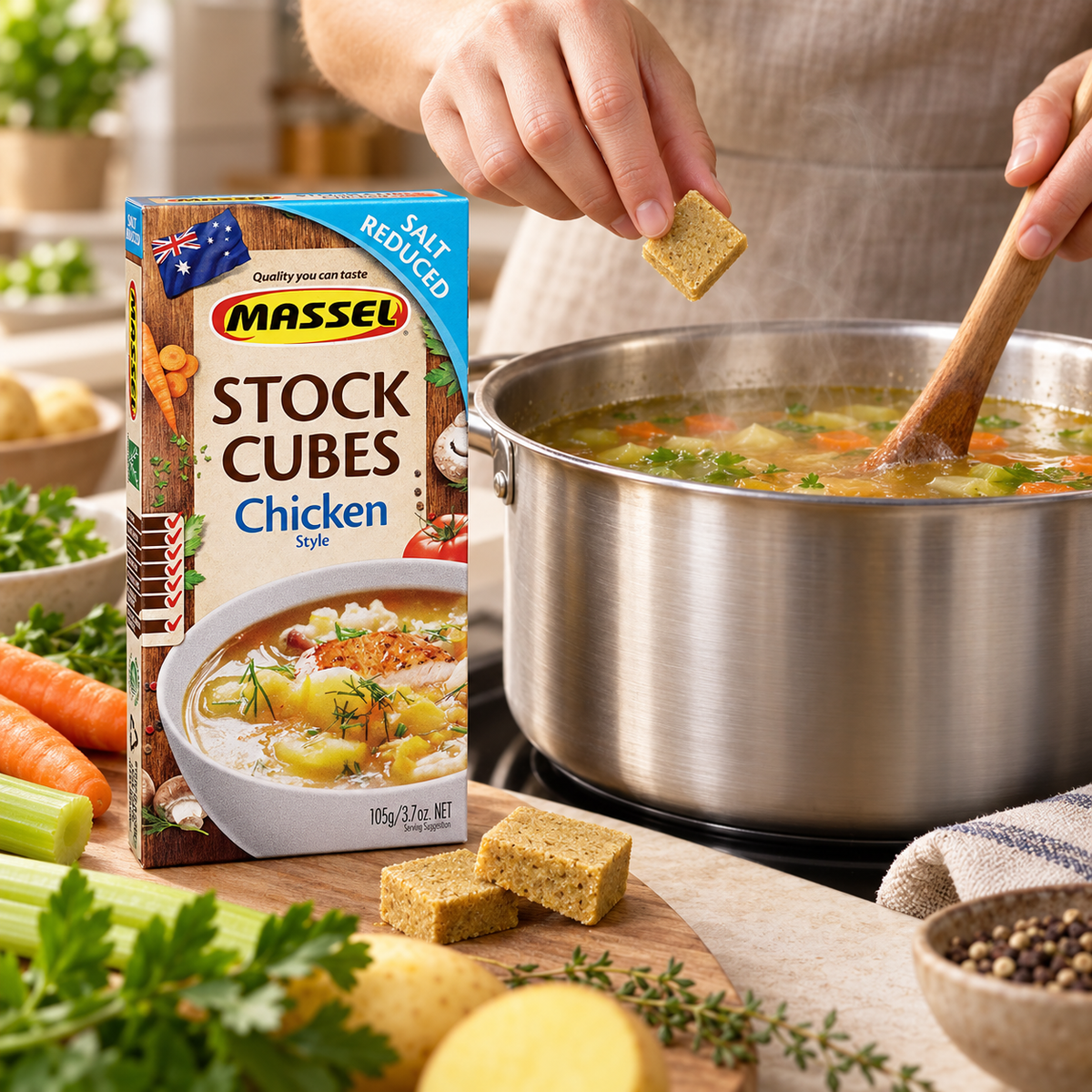 Close-up of Massel Ultracube Salt Reduced Chicken Stock Cubes box packaging.