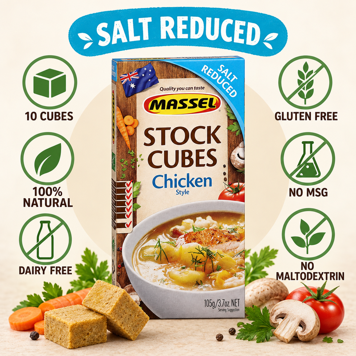 Massel Ultracube Salt Reduced Chicken Stock Cubes used in a finished soup dish.