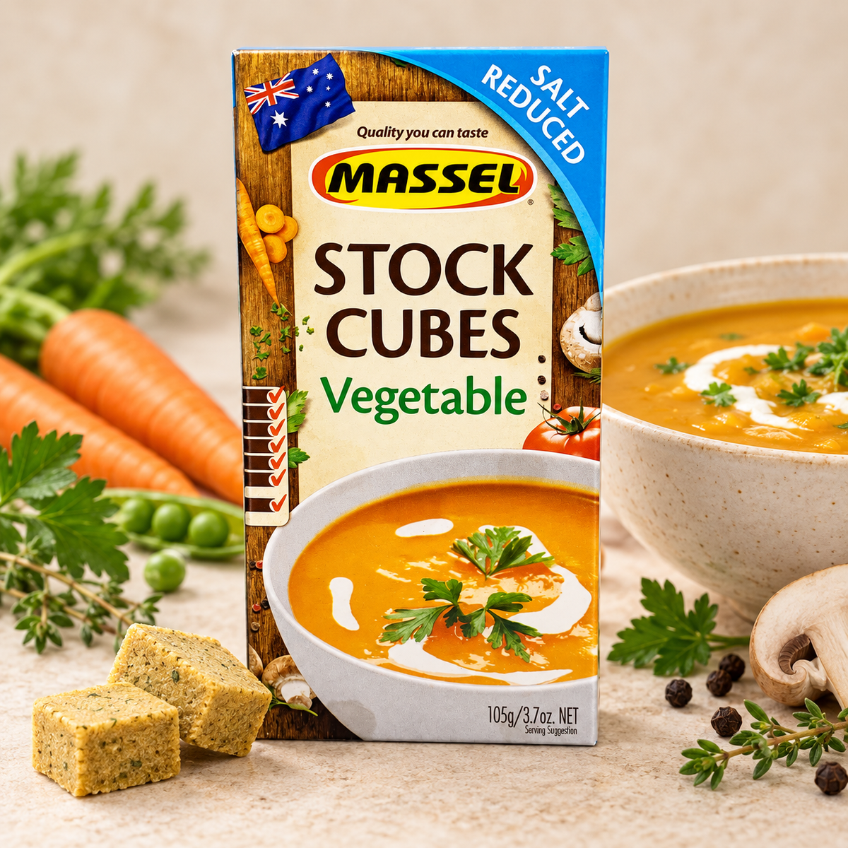 Massel Ultracube Salt Reduced Vegetable Stock Cubes box on a kitchen counter.