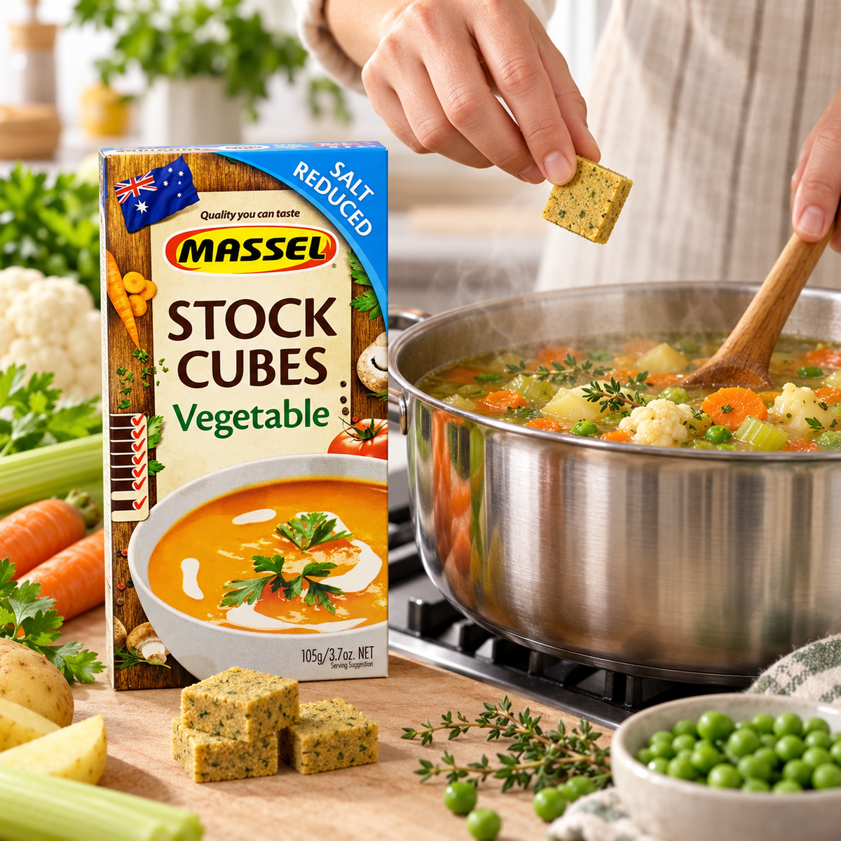 Close-up of Massel Ultracube Salt Reduced Vegetable Stock Cubes box packaging.