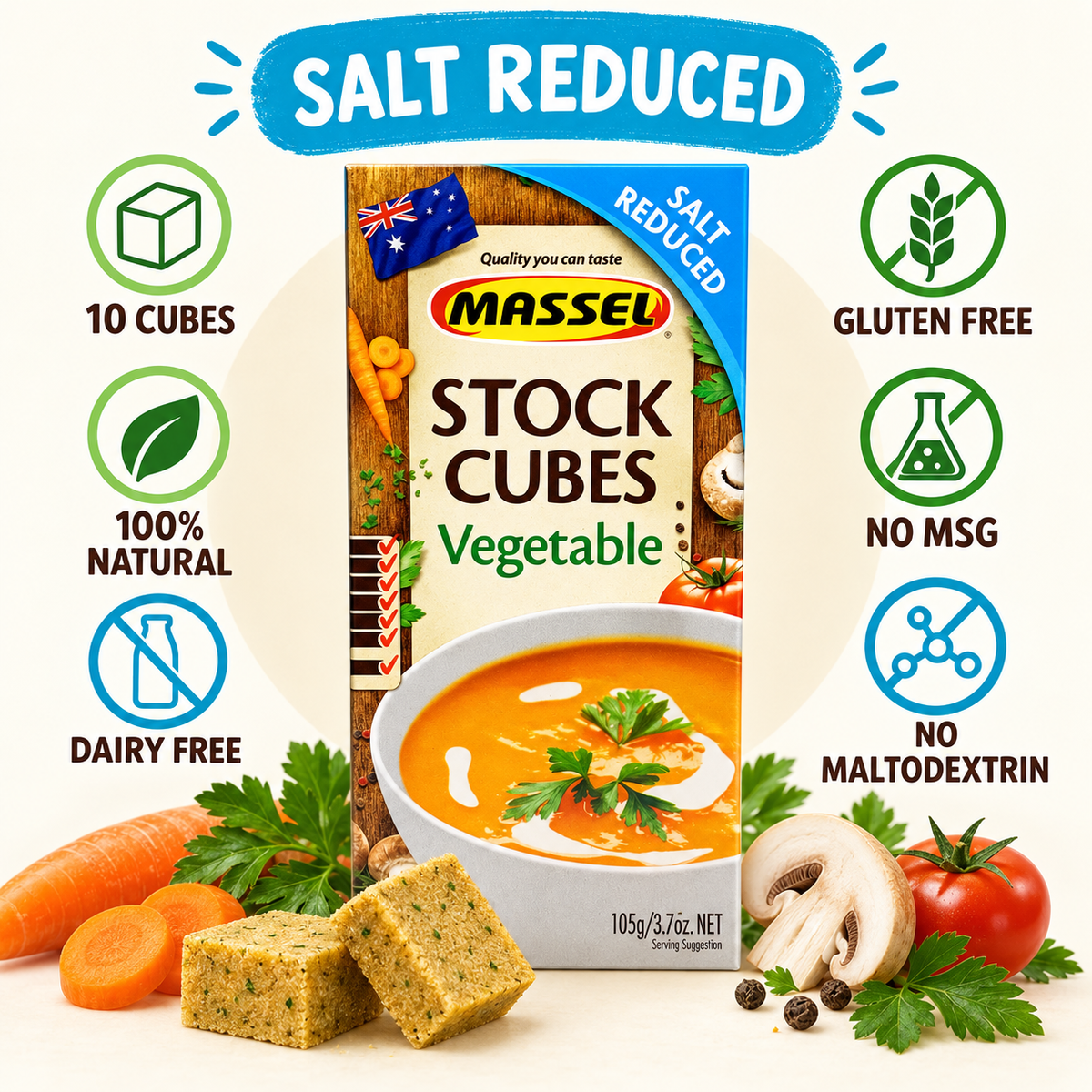 Massel Ultracube Salt Reduced Vegetable Stock Cubes used in a finished soup dish.